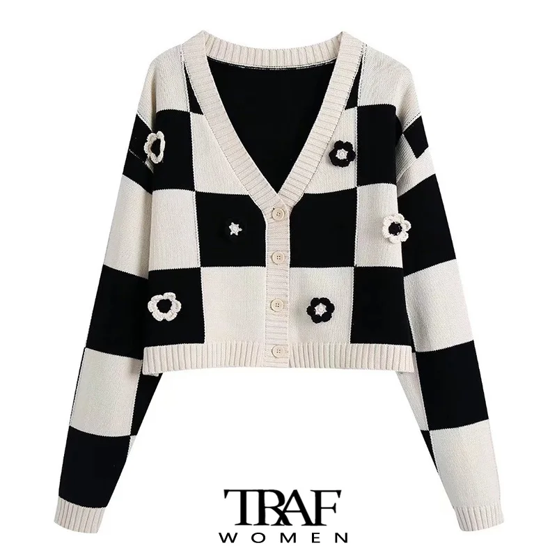 

Женский трикотажный кардиган в клетку, с цветочной аппликацией и V-образным вырезом