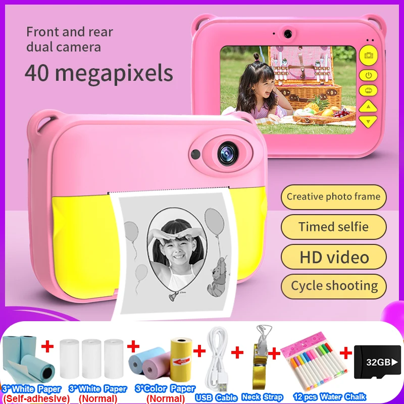 

Instant Print Camera for Kids Upgrade Timed Selfie Kids Camera Digital Zero Ink Video Camera 1080P HD Video Recorder Kids Gifts