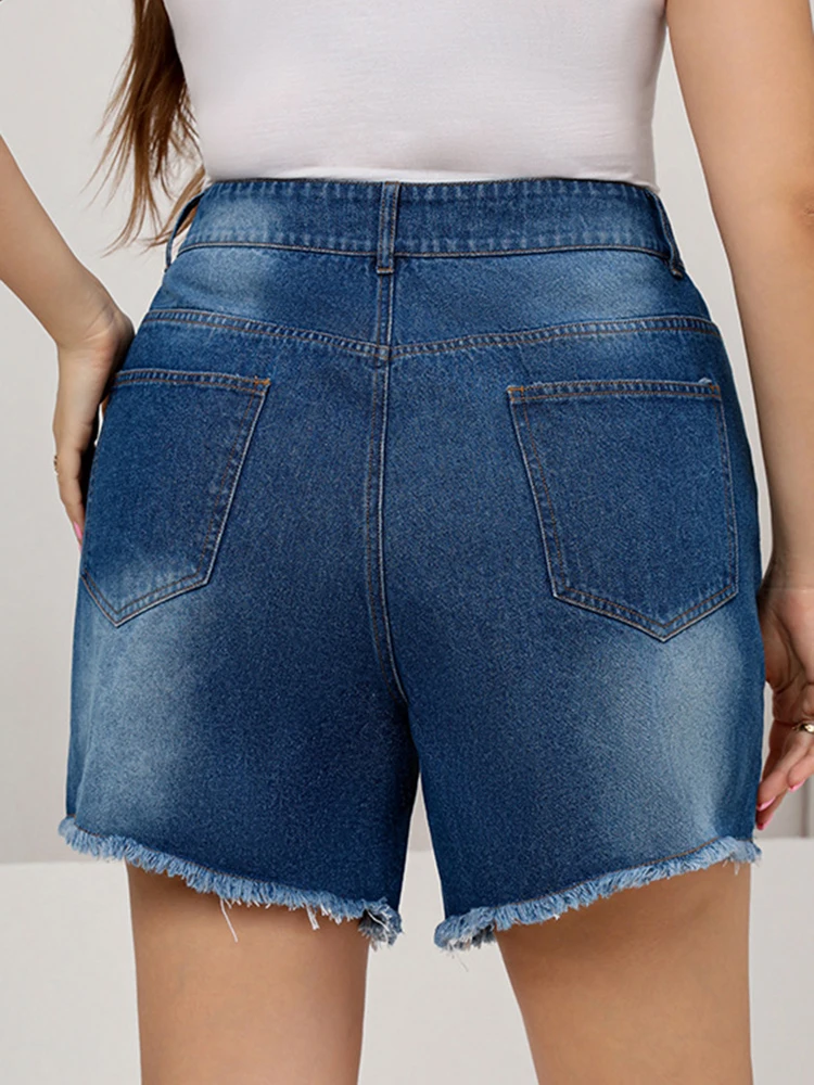 Women's Summer 2023 Blue Denim Shorts Washed Straight Jeans Plus Size