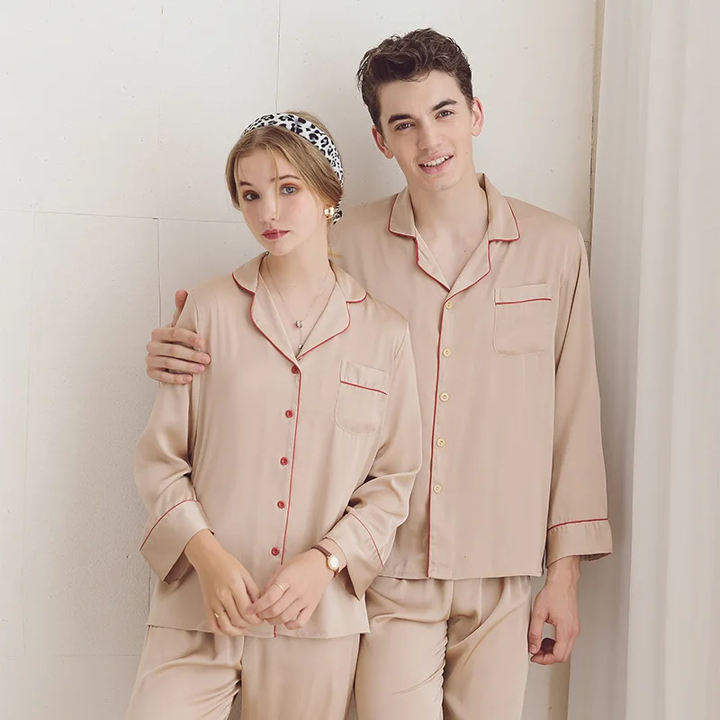 Ice Silk Couple Pajamas Women's Spring and Summer Long Sleeve Cardigan Lapel Set Fashion Large Size Loungewear Men Sleepwear