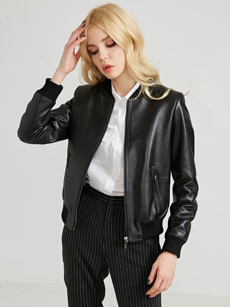 New Women Genuine Leather Jacket Spring Autumn Fashion Casual Stand Collar Short Sheepskin Moto Coat Slim Black Outerwear Female