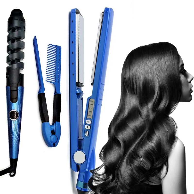 

3pcs 1/4 Narrow Version t Hair Straightener Curling Rod Titanium Alloy Splin Spiral Curler Comb Set 450°F 110V-240V
