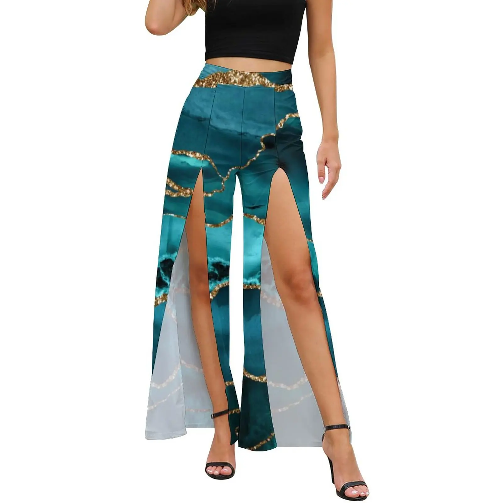 

Blue Gold Glitter Marble Pants Lady Modern Abstract Pattern High Waist Sexy Pattern Wide Leg Pants Front Slit Aesthetic Trousers