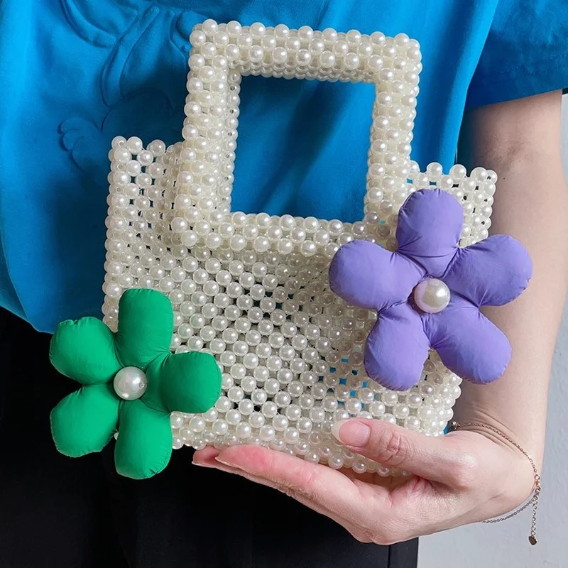 

Women Fashion Handmade Woven Pearl Handbag Hand Beaded Acrylic Bag Summer Vacation Beaded Bag Evening Party Clutch Female