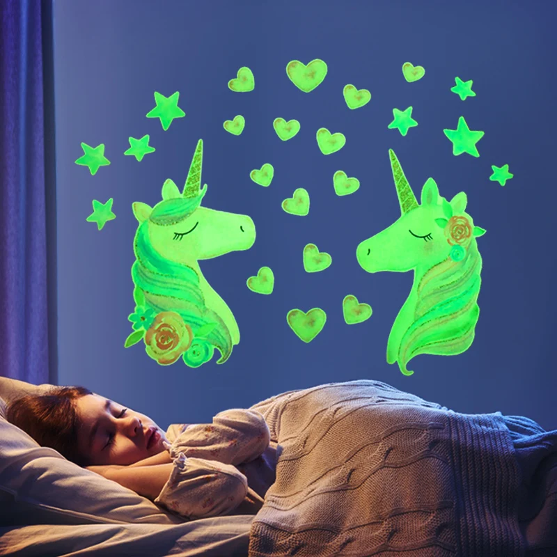 

Cartoon Unicorn Luminous Wall Stickers Glow In The Dark Fluorescent Star Heart DIY Baby Kids Room Bedroom Home Decoration Decals