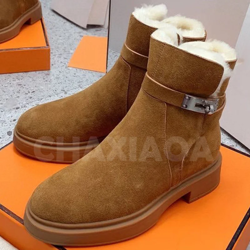 

Women Ankle Boots Winter 2023 New Cow Suede Upper Buckle Strap Design Round Toe Solid Snow Boots Comfortable Warmth Female Shoes