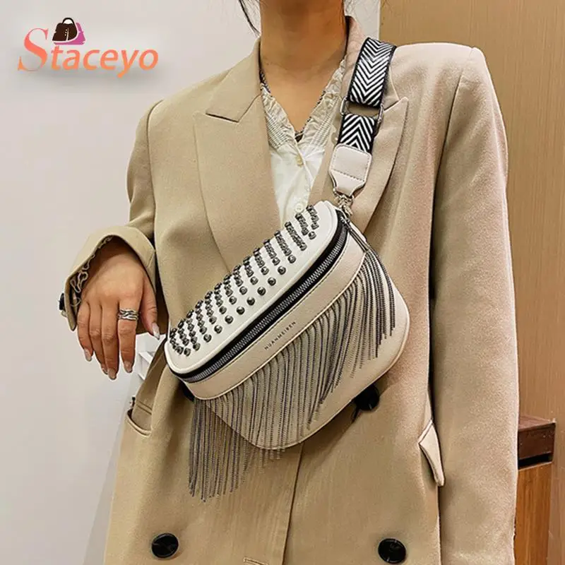 Luxury Woman Chest Bag Fashion Tassel Leather Large Capacity Crossbody Chest Bag Women Waist Bag Casual Rivet Desing Travel Pack