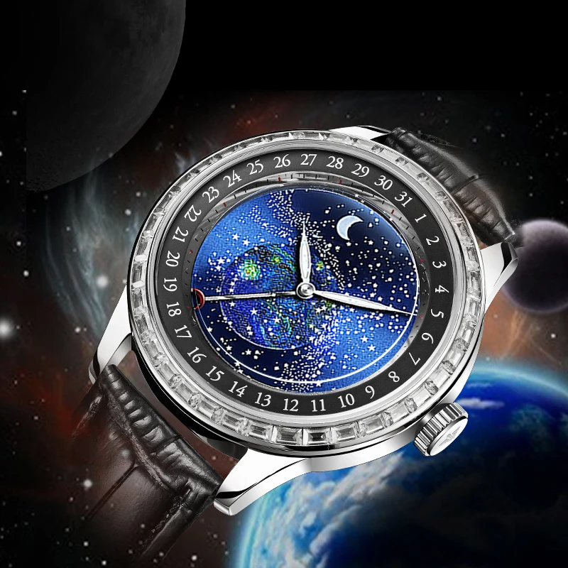 

JINLERY Automantic Mechanical Watch for Men Carp Dial Pattern Design Fashion Casual Colored Moissanite Wristwatch часы мужские