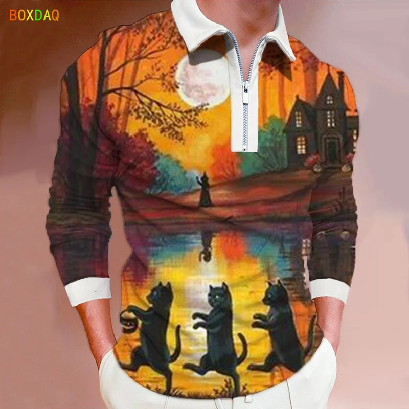 

Рубашка-поло мужская с принтом кошки, модная Уличная Повседневная Свободная рубашка-поло с длинным рукавом, с лацканами, для Хэллоуина, осен...