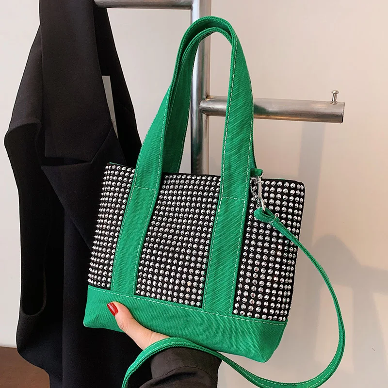 

Large Capacity Bling Crystal Shoulder Bag Wide strap Crossbody Bags INS Designer Women Patchwork Canvas Handbag Female Big Totes