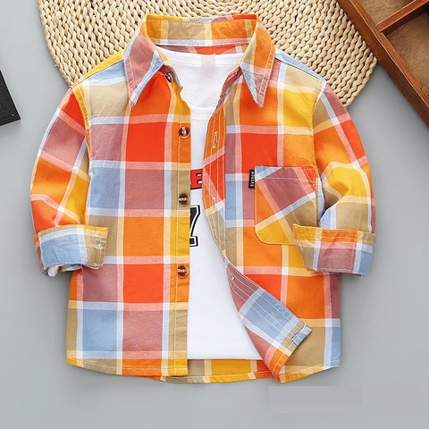 Рубашки для маленьких мальчиков, рубашка в клетку с длинным рукавом для детей, весенне-Осенняя детская одежда, повседневные хлопковые рубашки, топы, Прямая поставка