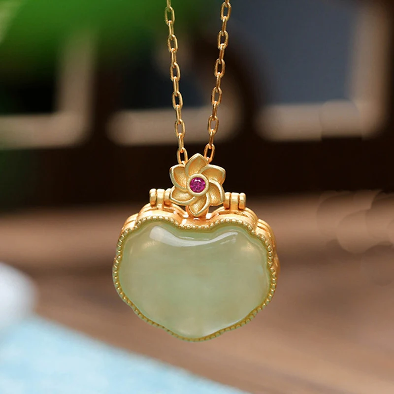 

Chinese style Ancient Gold Plated inlaid chalcedony Hetian Jade love necklace Pendant luxury women's necklace for Women Jewelr