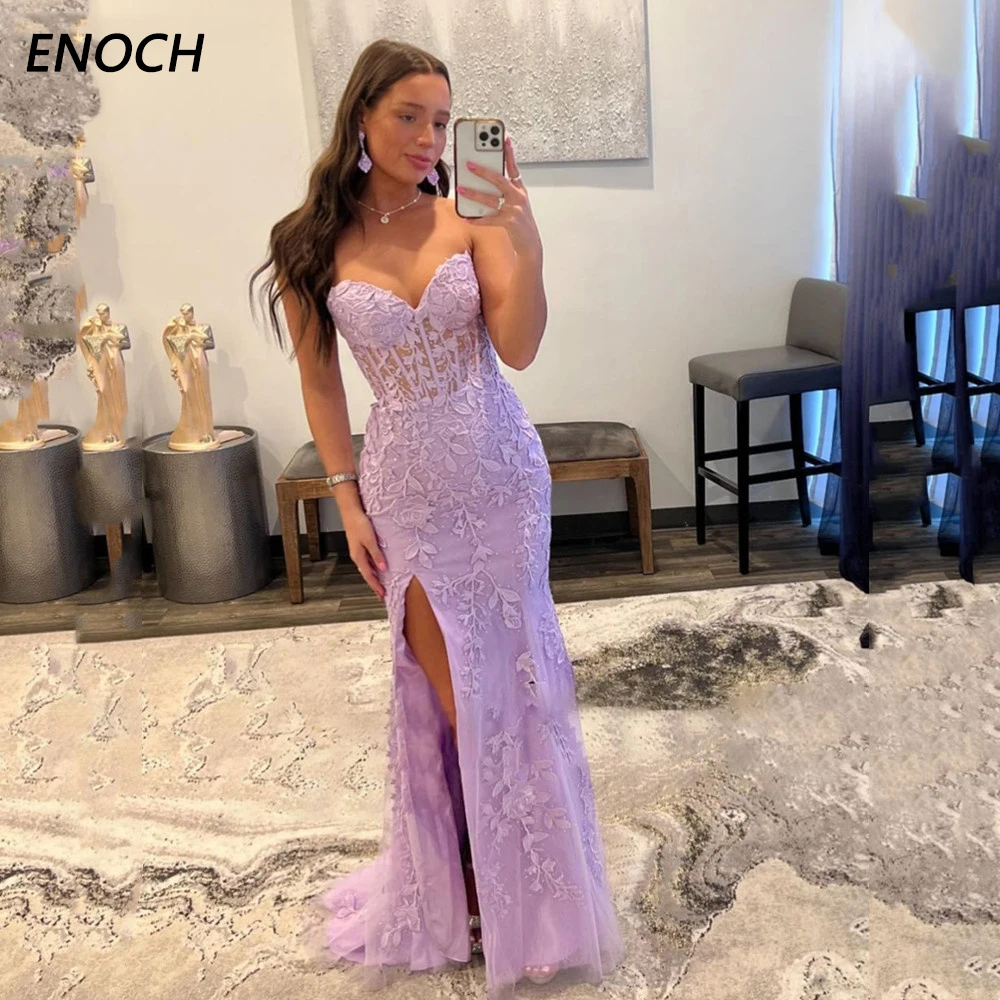 

ENOCH Mermaid Evening Dress Sexy Side Slit Sweetheart Lace Embroidery Strapless Backless Party Gown Floor Length Robes De Soirée