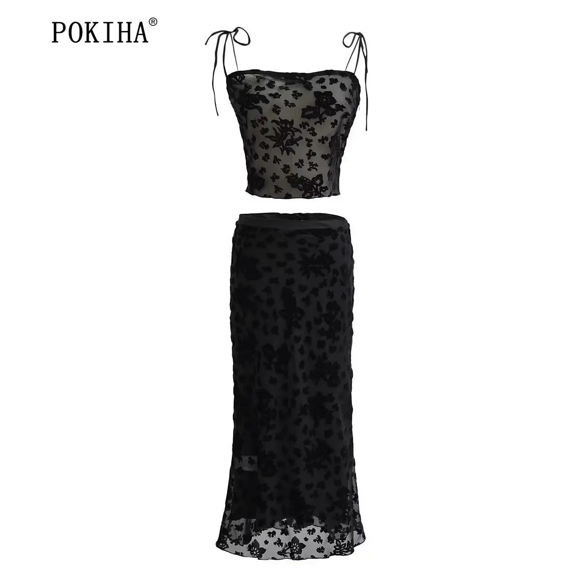 

Pokiha Fashion Women Lace Slim Tied Thin Straps Print Short Blouses And High Waisted Midi Skirts Sexy Chic Female Two Piece Sets