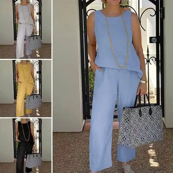 

Joker Fashion Daily Temperament Spring And Summer High Waist New Leisure Lazy Wind Sleeveless Coat Wide-leg Pants Two-piece Fema