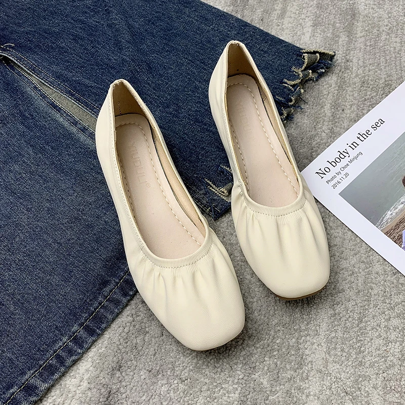 

Square Toe Soft Pu Leather Women Loafers Foldable Ballet Flats Solid Grandam Shoes Women Comfy Slip on Ballerina 2023