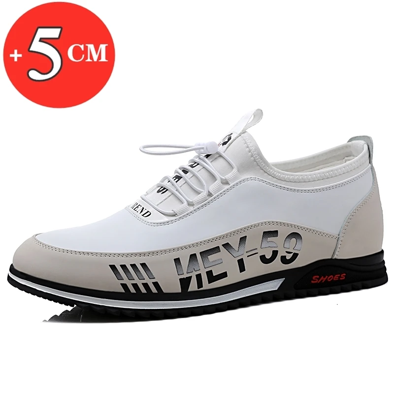 White Men 5cm Casual PU Leather Elevator Moccasins H Height Increase Shoes Simple Outdoor Leisure Loafers Lift Man Sneakers