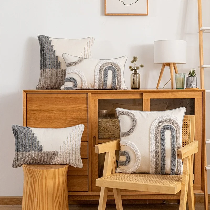 

Nordic Flocked Pillowcase 45x45cm/30x50cm Grey Striped Cushion Cover for Home Room Dorm Sofa Decorative Soft Throw Pillow Covers
