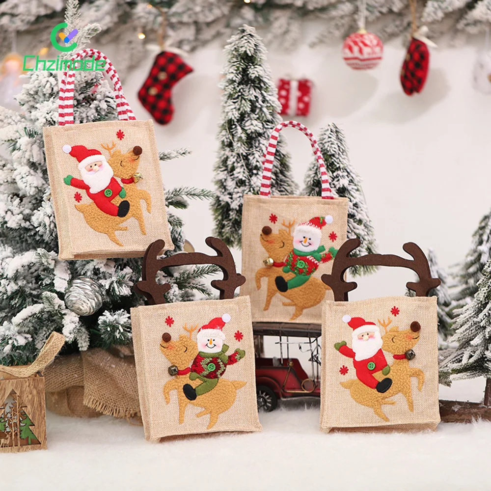 

Creative Christmas Burlap Gift Bag Tote Candy Bags Cute Santa Claus Snowman Gift Bags Present Bag for Xmas Party Decoration
