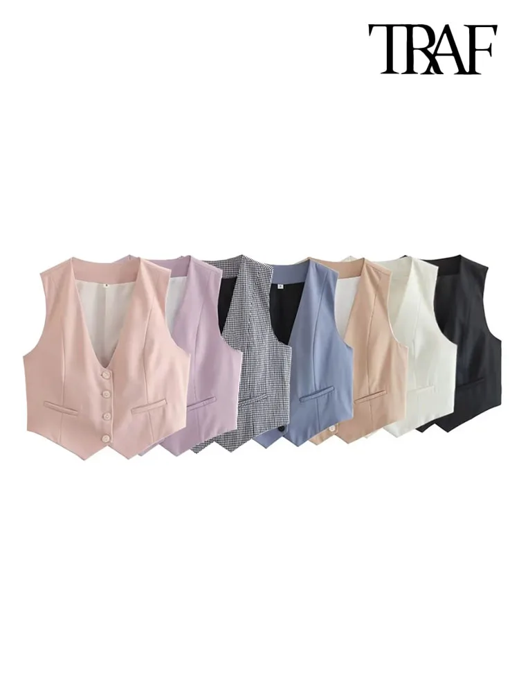 

TRAF Women Fashion Front Button Waistcoat Vintage V Neck Sleeveless Female Outerwear Chic Vest Tops