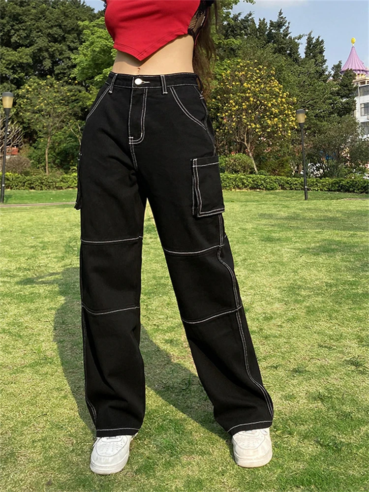 

Button Black Straight Wide Leg Jeans Y2k Pockets Low Waist Women Baggy Denim Trousers Aesthetic Streetwear Dark Academia Pants