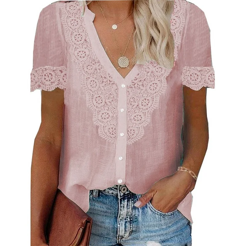 

2022 Casual Hook Flower Vintage Blouse Lace Stitching Short Sleeve White Shirt Women Summer V Neck Loose Button Shirt Tops 21032