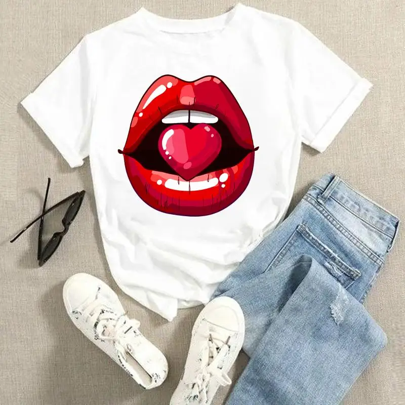 

Женские Мультяшные сексуальные футболки с рисунком Love Sweet Lip, стильные женские летние модные футболки, топы, женская одежда, футболка с корот...