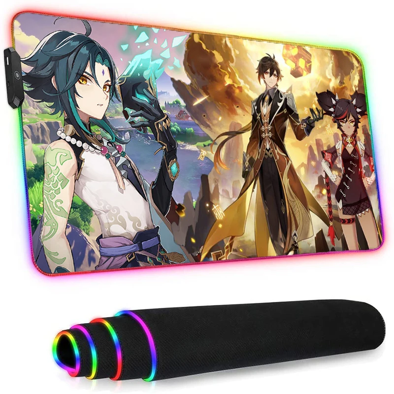 

Ударопрочный светодиодный коврик для мыши Genshin, Rgb, Настольный коврик для игровой мыши, компьютерный офисный расширенный коврик для мыши, иг...