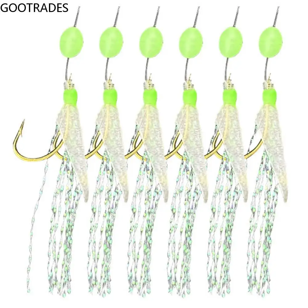 

6PCS/Pack Silicone Carbon Steel Mackerel Feathers Hook #8-#18 Luminous Freshwater Fishing Rigs With Swivel Snap