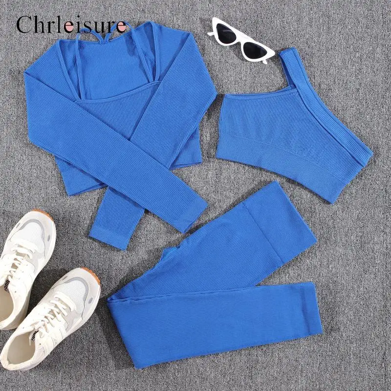 

CHRLEISURE Women 3/4 Pcs Sport Outfit for Woman Knitted Workout Suit Ribbed Tracksuit for Woman Short Set Outfit Push Up Gym Set