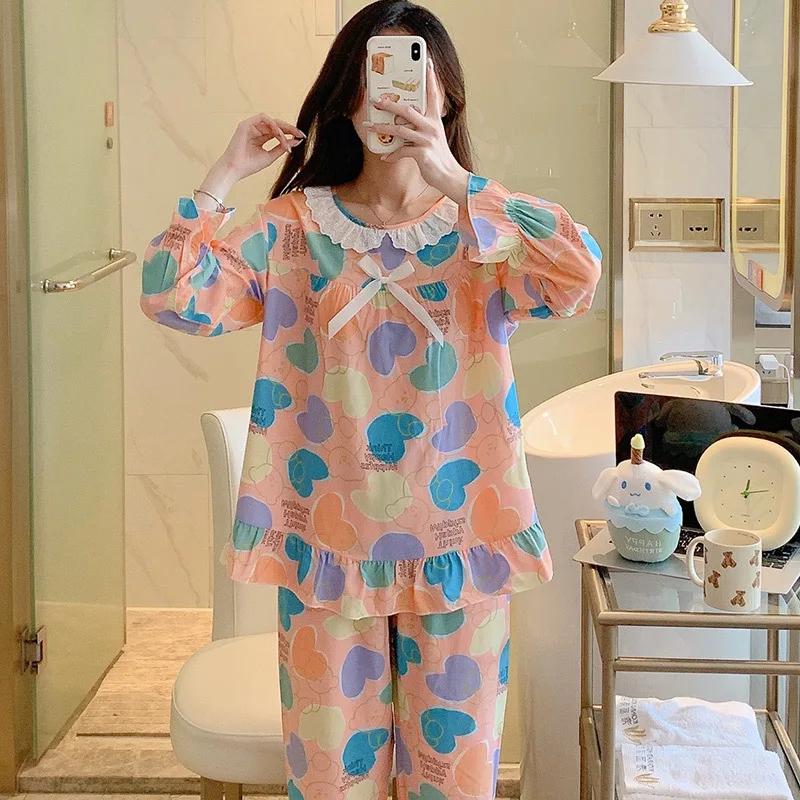 Spring  Autumn Long-sleeved Thin Cotton Silk Suit Loose Home Clothes Large Size White Lace Pullover Sleepwear