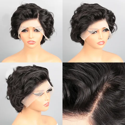 Короткая вьющиеся парик из человеческого волоса Pixie Cut