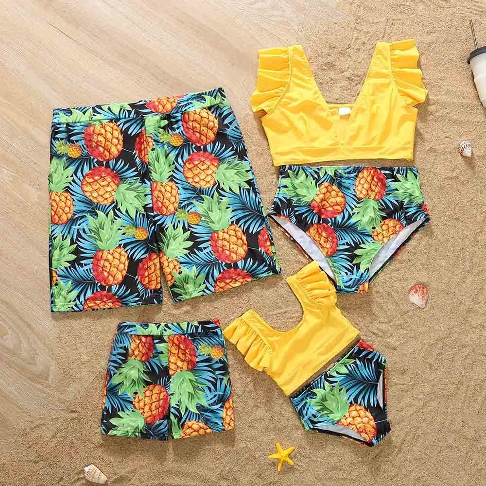 

Summer New Seaside Vacation Ruffled Sleeve Swimsuit Parent-child Outfit Pineapple Color Full Print Yellow Swimsuit Family Wear