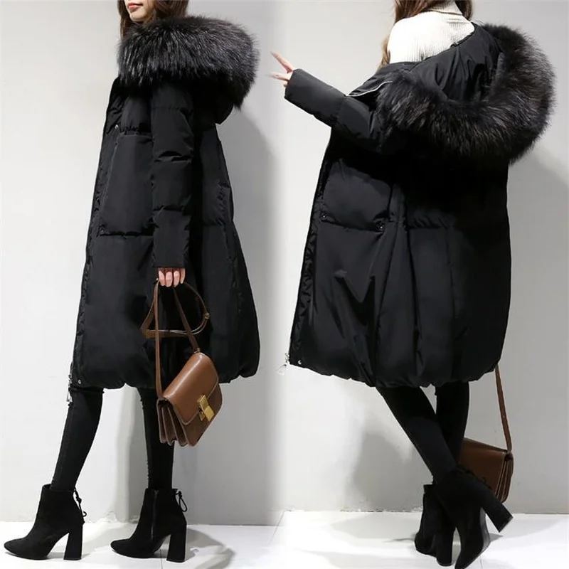 Mid-length Winter Women Coats Hooded Down Cotton Jackets Parkas Fashion Casual Big Fur Collar Warm Ladies Jacket Windbreaker New