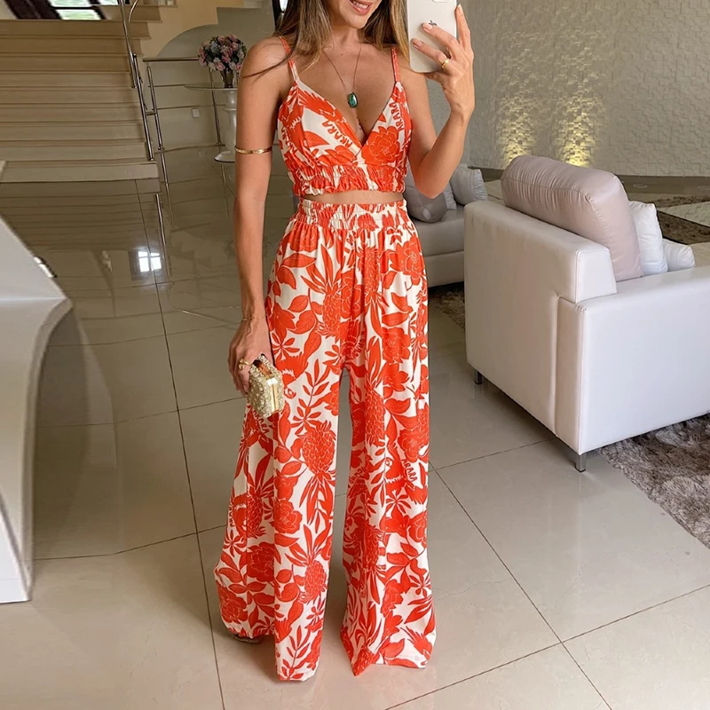 

Elegant Deep V Neck Sling Tank Tops+Elastic Waist Wide Leg Pant Set Fashion Pattern Print 2pc Set Summer Backless Holiday Outfit