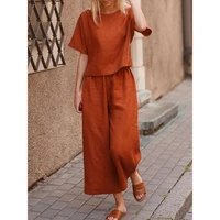 women casual summer cotton linen shorts sleeve tops tops long suit solid color o neck lounge wear two piece set oversized loose