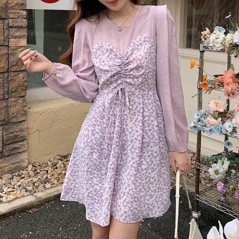 

Женское платье с длинным рукавом и цветочным принтом, в стиле пэчворк