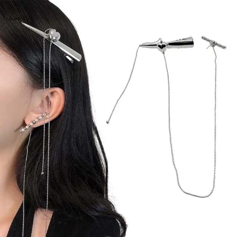 

J78E 2 in1 Girls Heart Shape Hair Clip Stud Earring with Long Chain Metal Hair Barrettes Punk Brooch for Adult Teenagers
