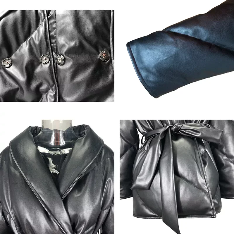 New2022 Autumn Winter Parkas Women Fashion Loose Solid PU Leather Coats Women Elegant Tie Belt Cotton Jackets Female Ladies