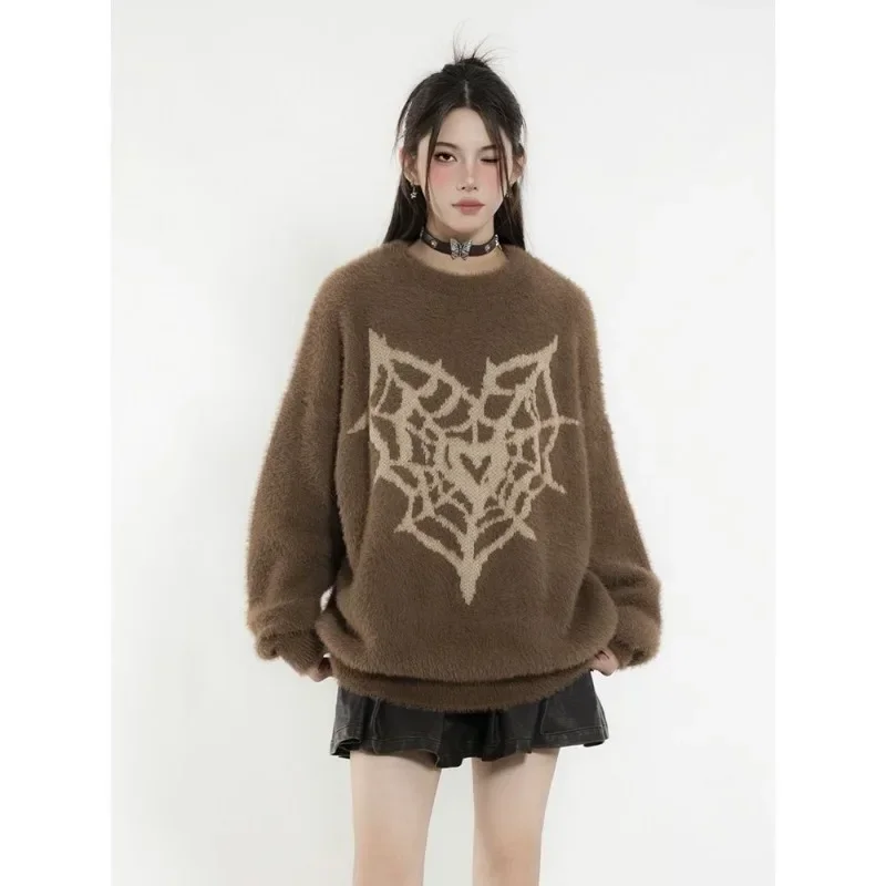 Винтажные вязаные свитера Y2k с принтом паутины и круглым вырезом длинными