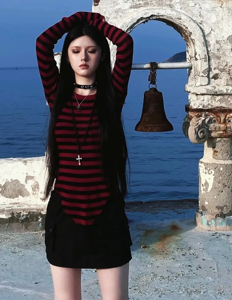 Y2k панк красный черный полосатый Топ женский модный приталенный с длинным