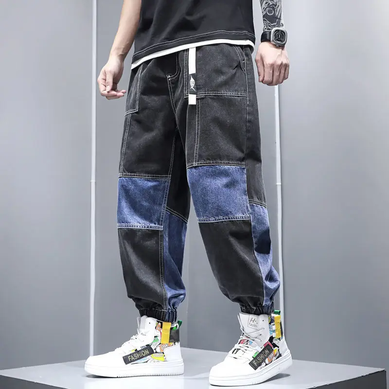 New Stitching Harem Jeans Men's Casual Fat Man Large Size Nine-point Pants Ins Tide Brand Leggings Men's