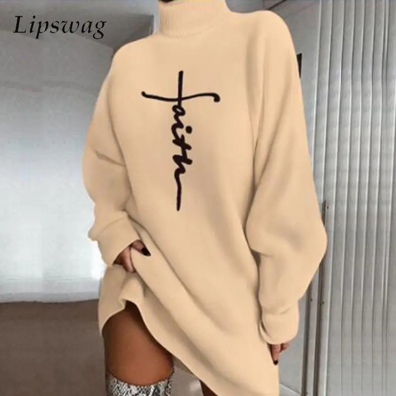 

Women Turtleneck Long Sleeve Mini Dress Fashion Pattern Print Casual Loose Dress Autumn Ladies Straight Pullover Dress Vestidos