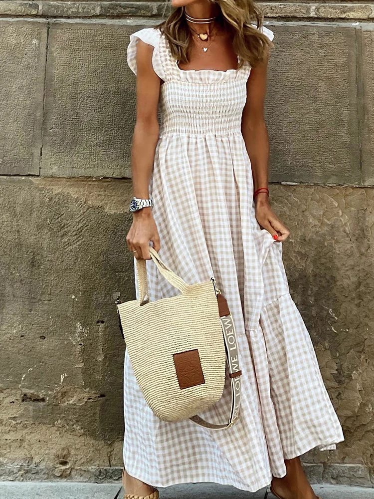 

2022 New Summer Ruffle Sleeve Long Dress Retro Plaid Printed Beach Maxi Dress Women Sexy Square Neck Loose Hem A-Line Dress