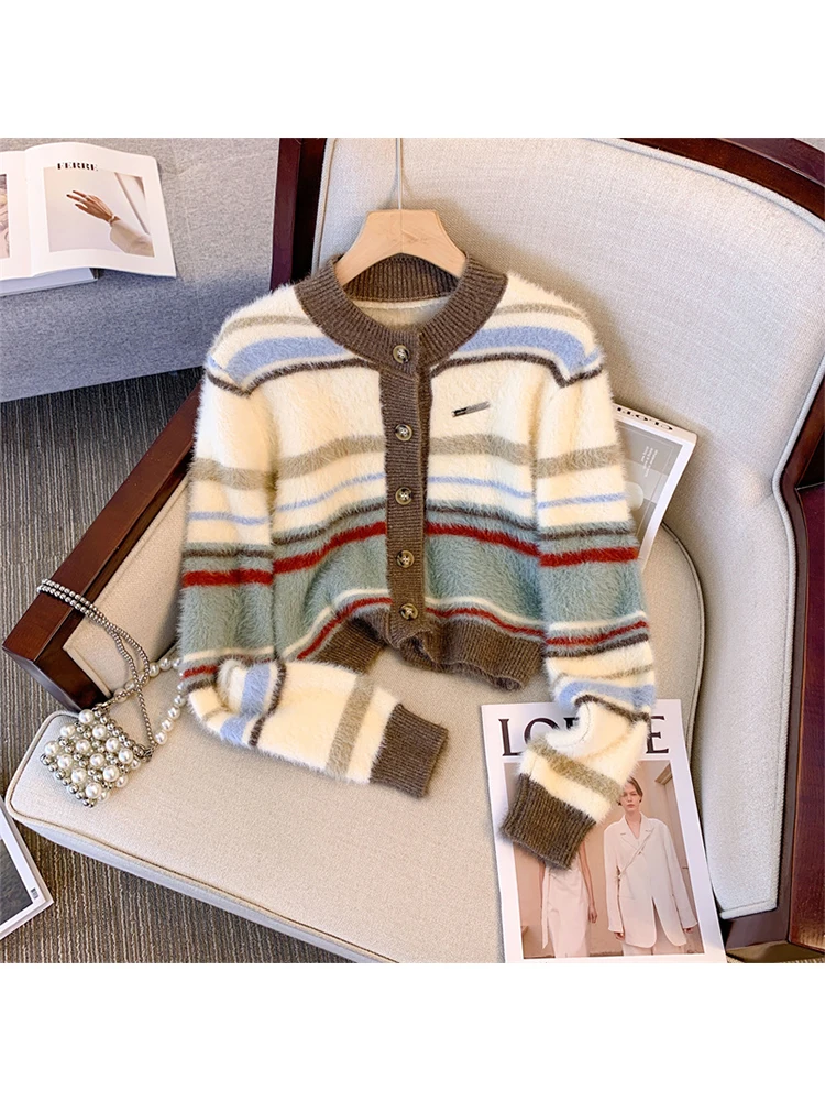

Женский мохеровый свитер в полоску, Модный трикотажный свитер в стиле 90-х с круглым вырезом и длинным рукавом, корейский джемпер, винтажная одежда Y2k, 2023