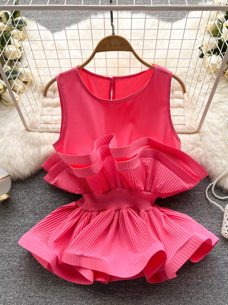 

New Women Elegant Blouse Summer Sleeveless Fashion Irregular 3D Ruffles Short Shirts Ladies Vintage Streetwear Tops