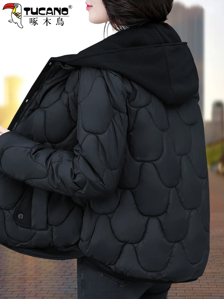 Woodpecker Black down Jacket Cotton-padded Clothes Female Outwear Winter 2024 New Hood Warm Cotton-Padded Coat Small