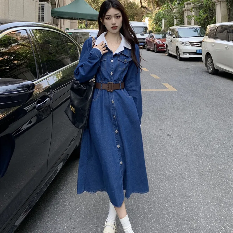 

Женское джинсовое платье средней и длины, платье из двух частей со съемным воротником-рубашкой в Корейском стиле, весна 2023