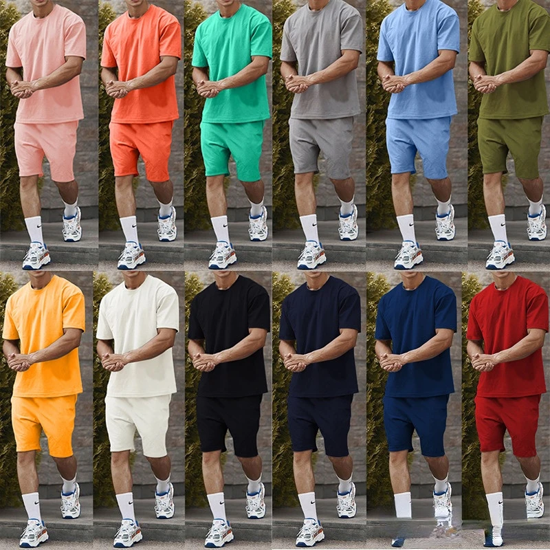 

100% Cotton Men's Sportswear Clothing Summer Solid Color Suit Fashion Male Short Sleeve O-neck Shirt+Shorts 2 Pieces Tracksuit