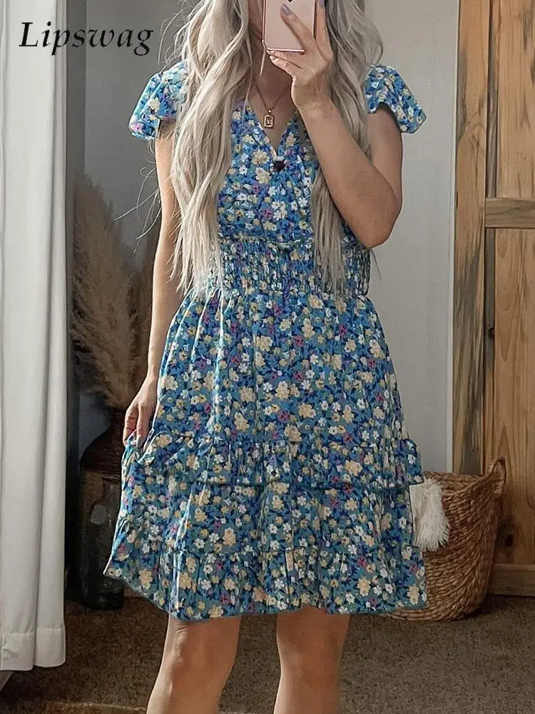 

Женские Офисные Платья с цветочным принтом, повседневные платья без рукавов с V-образным вырезом, Летние Элегантные пляжные платья с оборка...